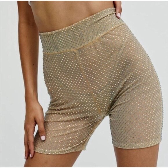 NWT For Love & Lemons Kiara Mesh Rhinestone Bike Shorts in Beige - M